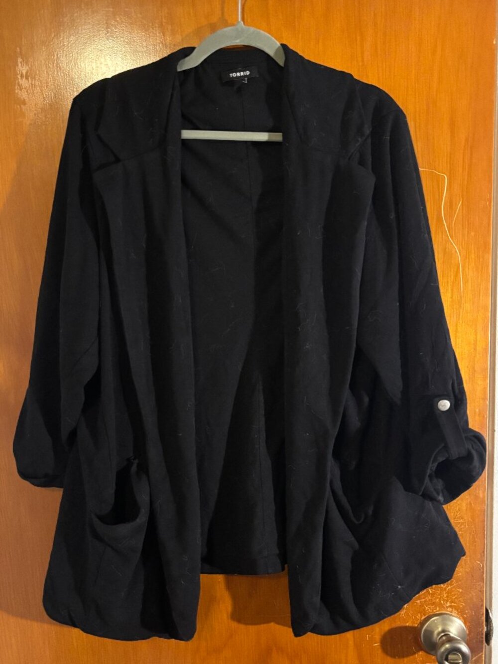 Torrid Black Slouchy Draped Open Front Blazer Jacket 3 / 3X Ruched Roll Tab Slee